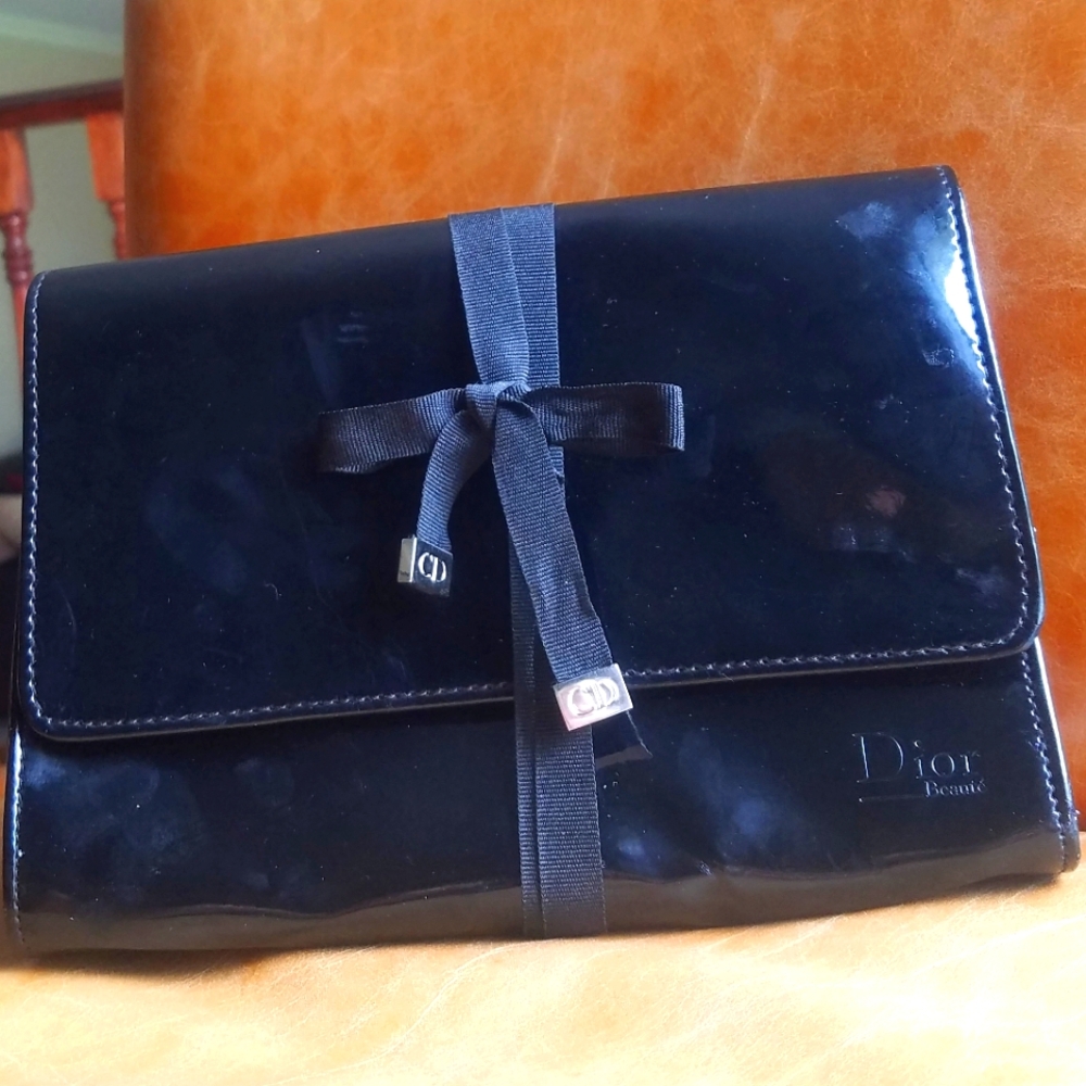 Christian Dior black patent cosmetic travel clutch bag